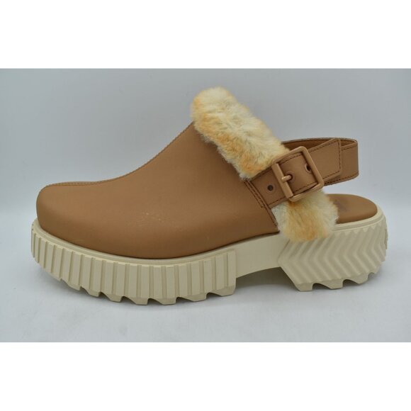 Sorel Womens 10.5 ONA AVE Tawny Buff Leather Faux Fur Ankle Strap Mules Shoes - Picture 5 of 13